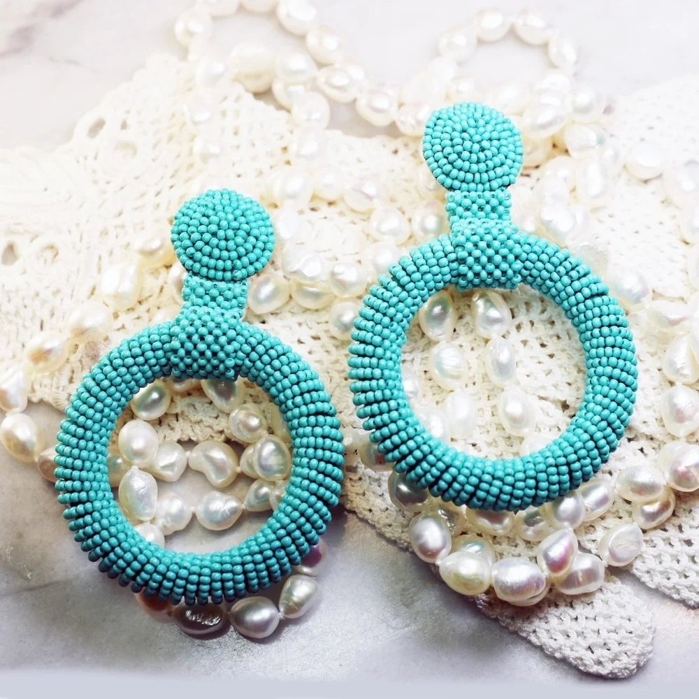 Kenneth Jay Lane Turquoise Seed Bead Hoop Earrings 🩵 NWT - Picture 5 of 15